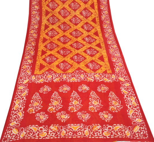 Sushila Vintage Red Yellow Saree 100%Pure Cotton Batik Printed Soft Craft Fabric