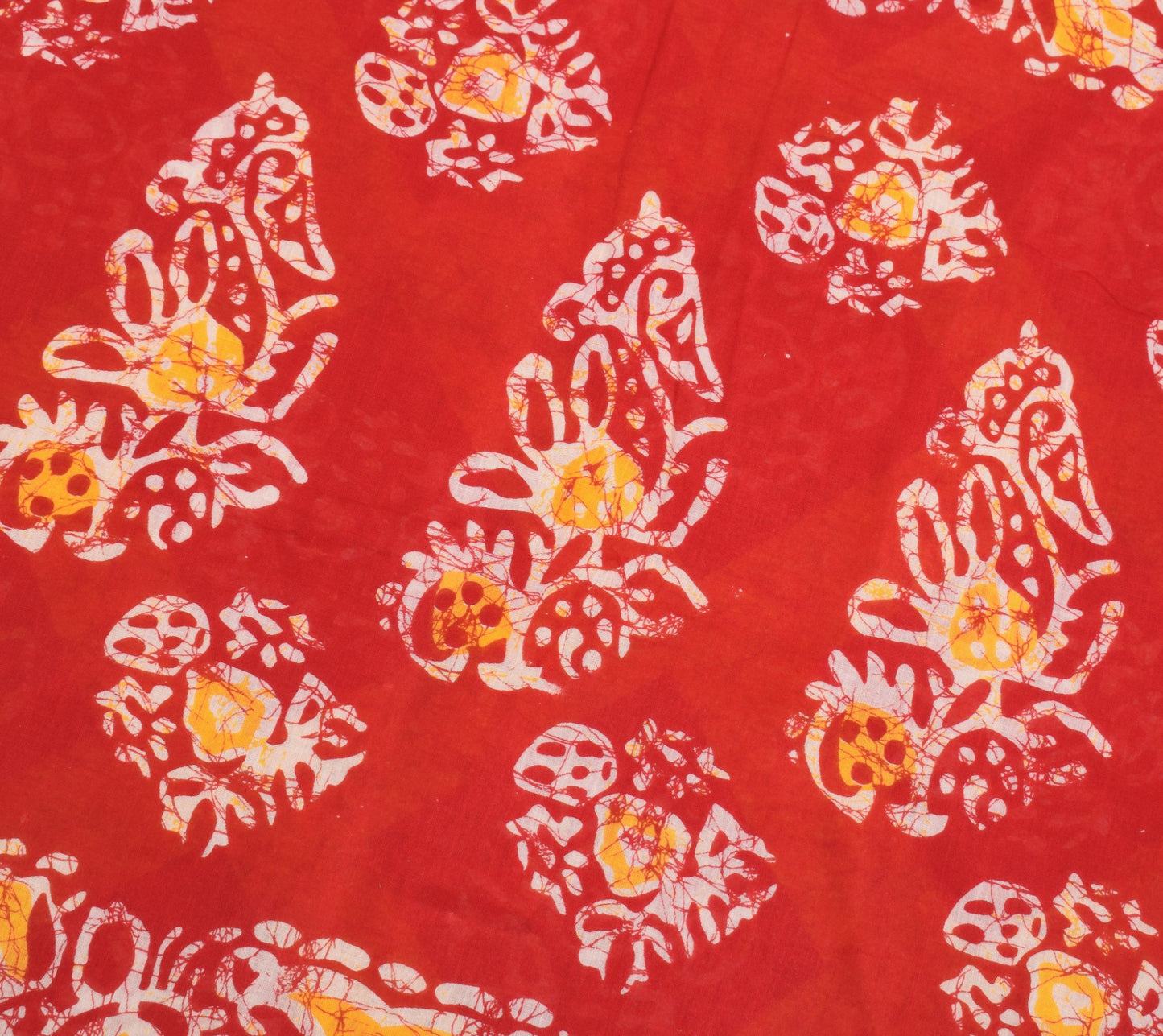 Sushila Vintage Red Yellow Saree 100%Pure Cotton Batik Printed Soft Craft Fabric