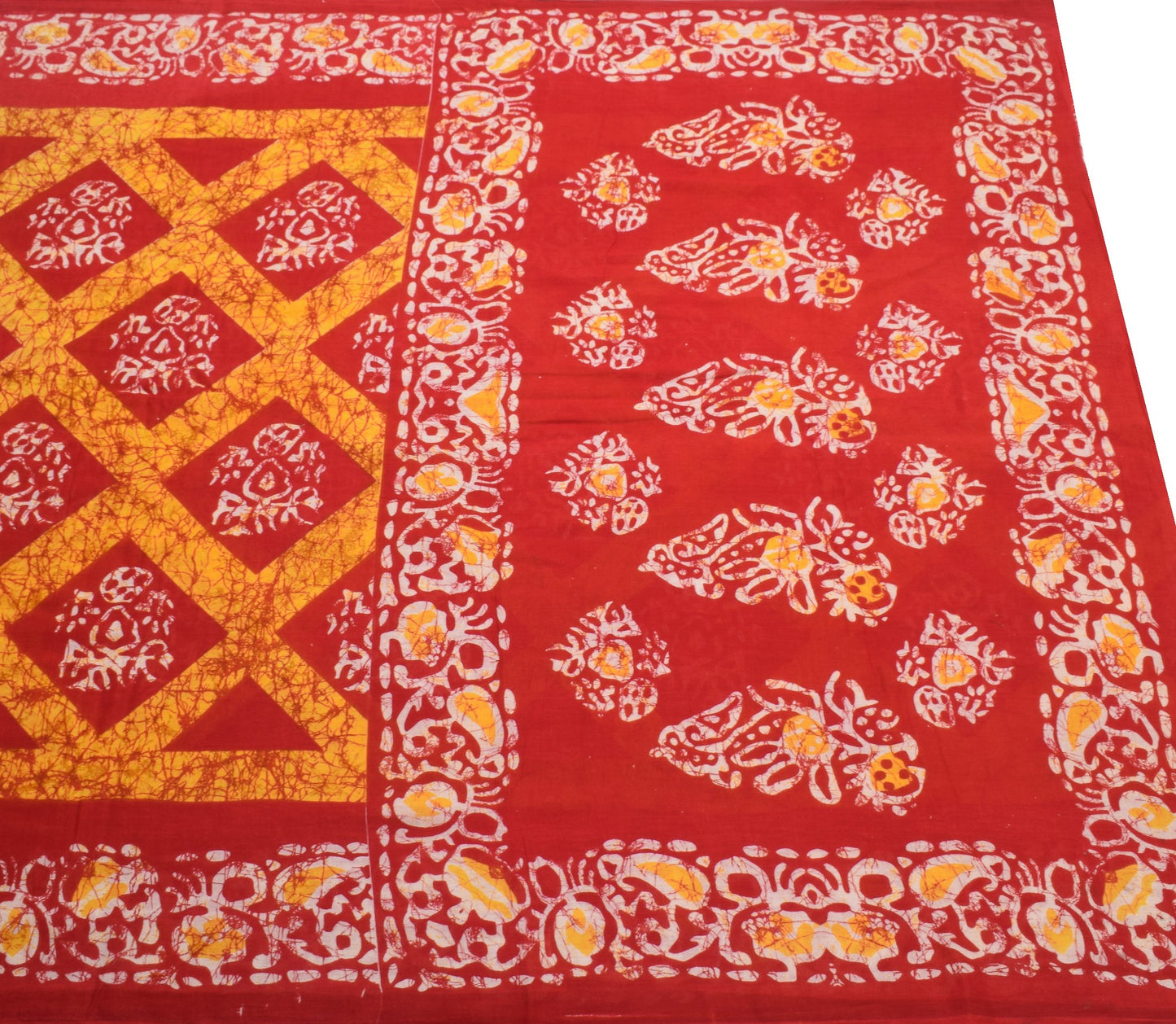 Sushila Vintage Red Yellow Saree 100%Pure Cotton Batik Printed Soft Craft Fabric