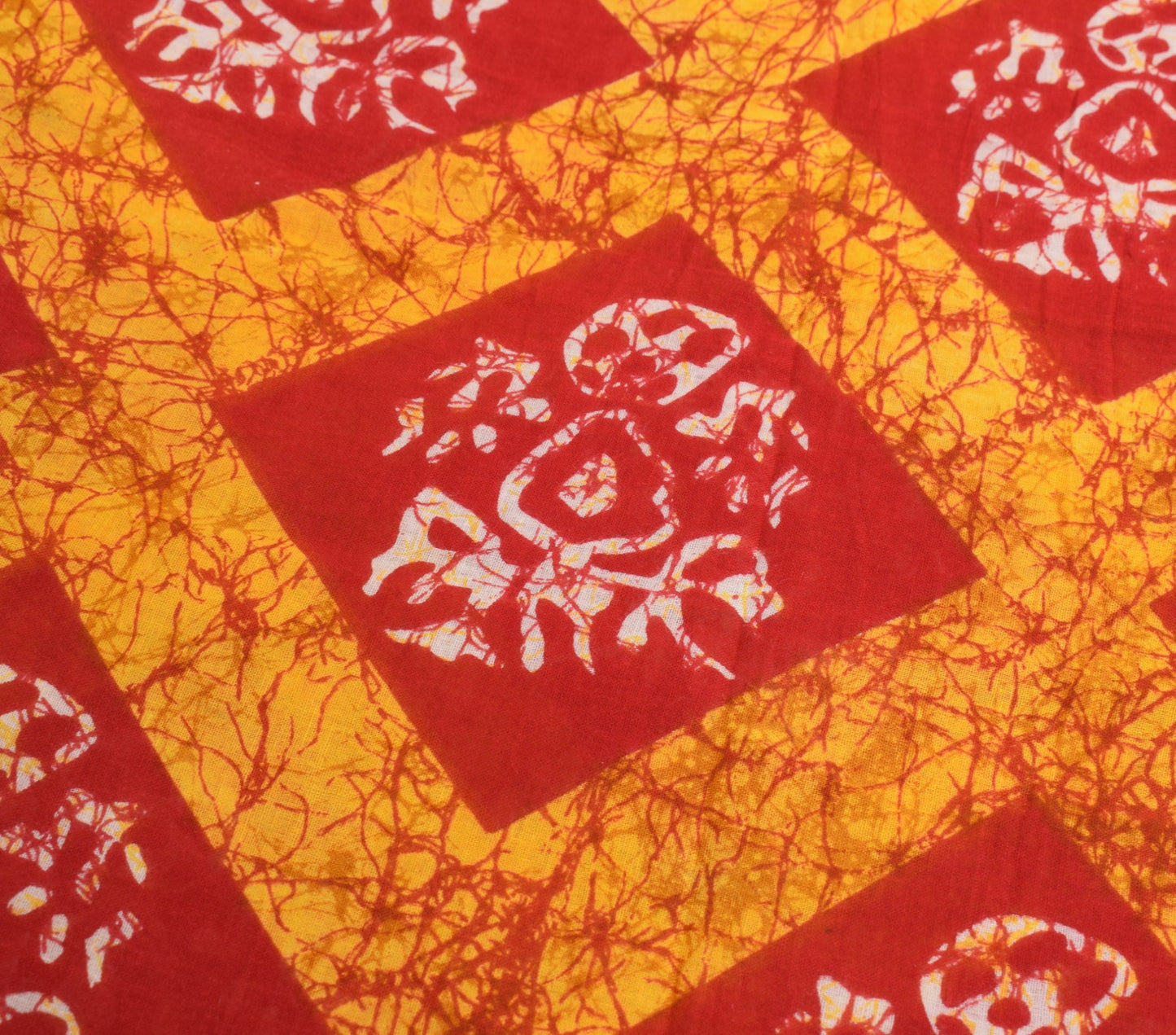 Sushila Vintage Red Yellow Saree 100%Pure Cotton Batik Printed Soft Craft Fabric