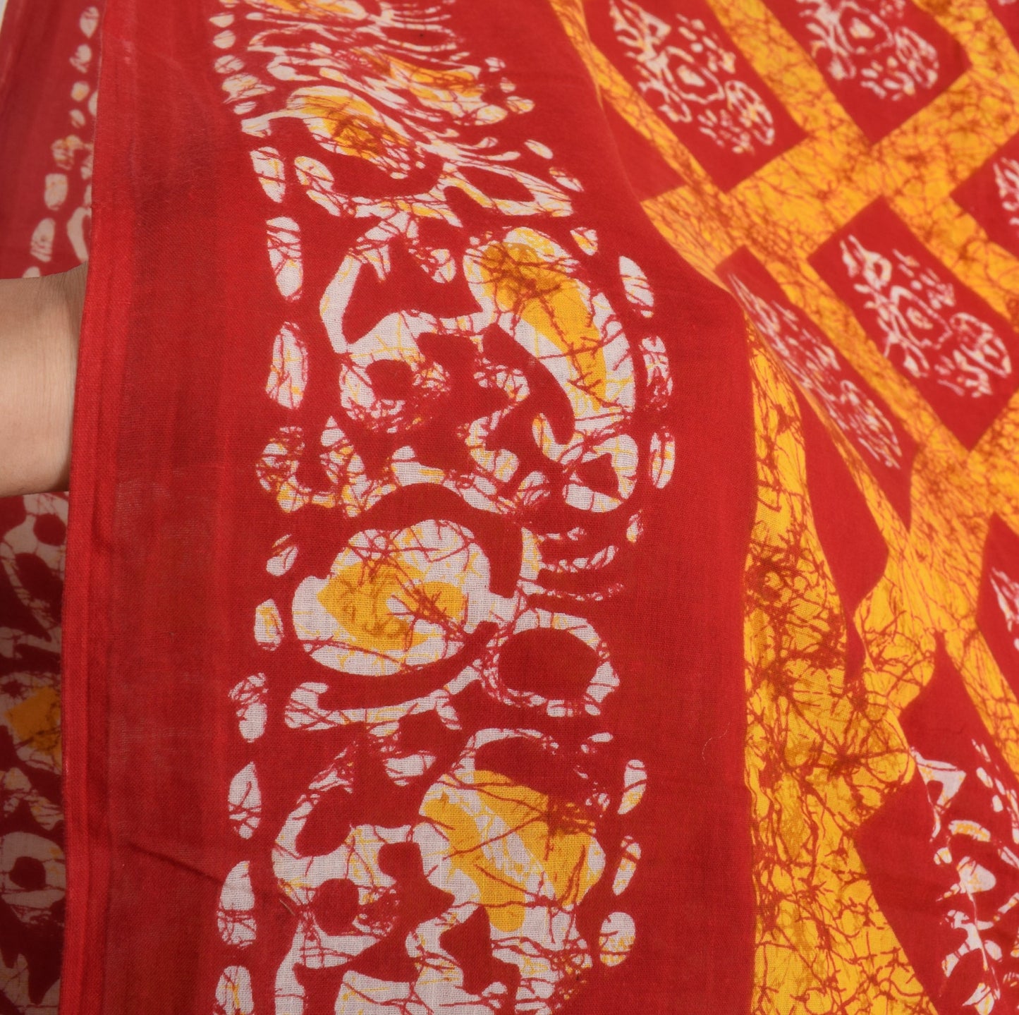 Sushila Vintage Red Yellow Saree 100%Pure Cotton Batik Printed Soft Craft Fabric
