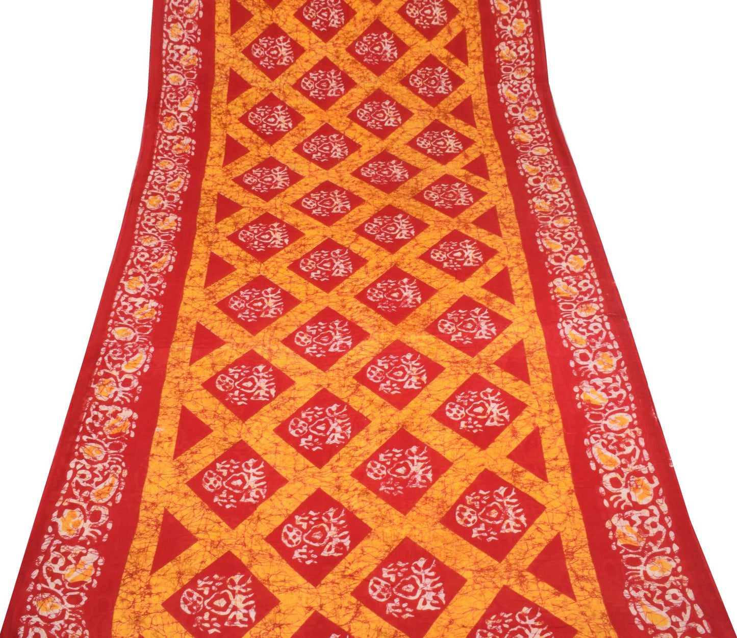 Sushila Vintage Red Yellow Saree 100%Pure Cotton Batik Printed Soft Craft Fabric