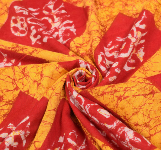 Sushila Vintage Red Yellow Saree 100%Pure Cotton Batik Printed Soft Craft Fabric