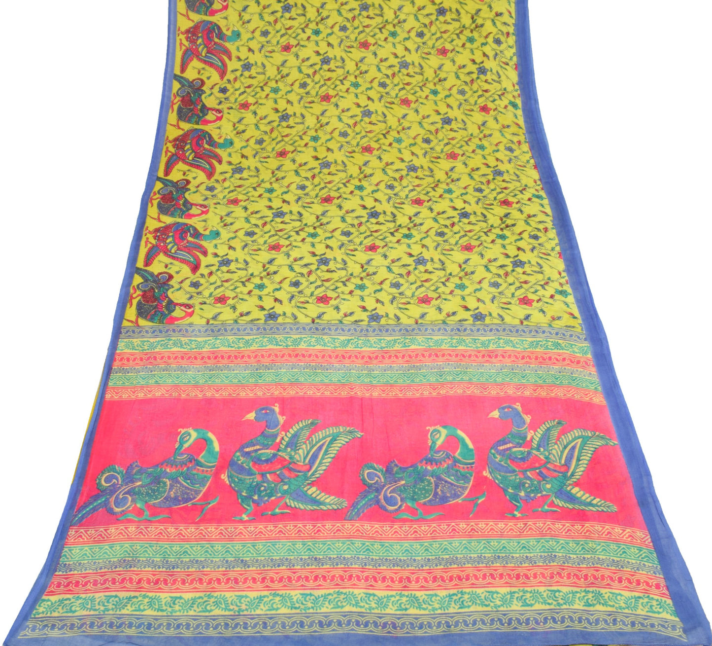 Sushila Vintage Green Kalamkari Saree Pure Cotton Hand Printed Soft Craft Fabric