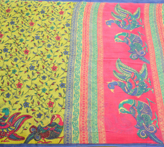 Sushila Vintage Green Kalamkari Saree Pure Cotton Hand Printed Soft Craft Fabric