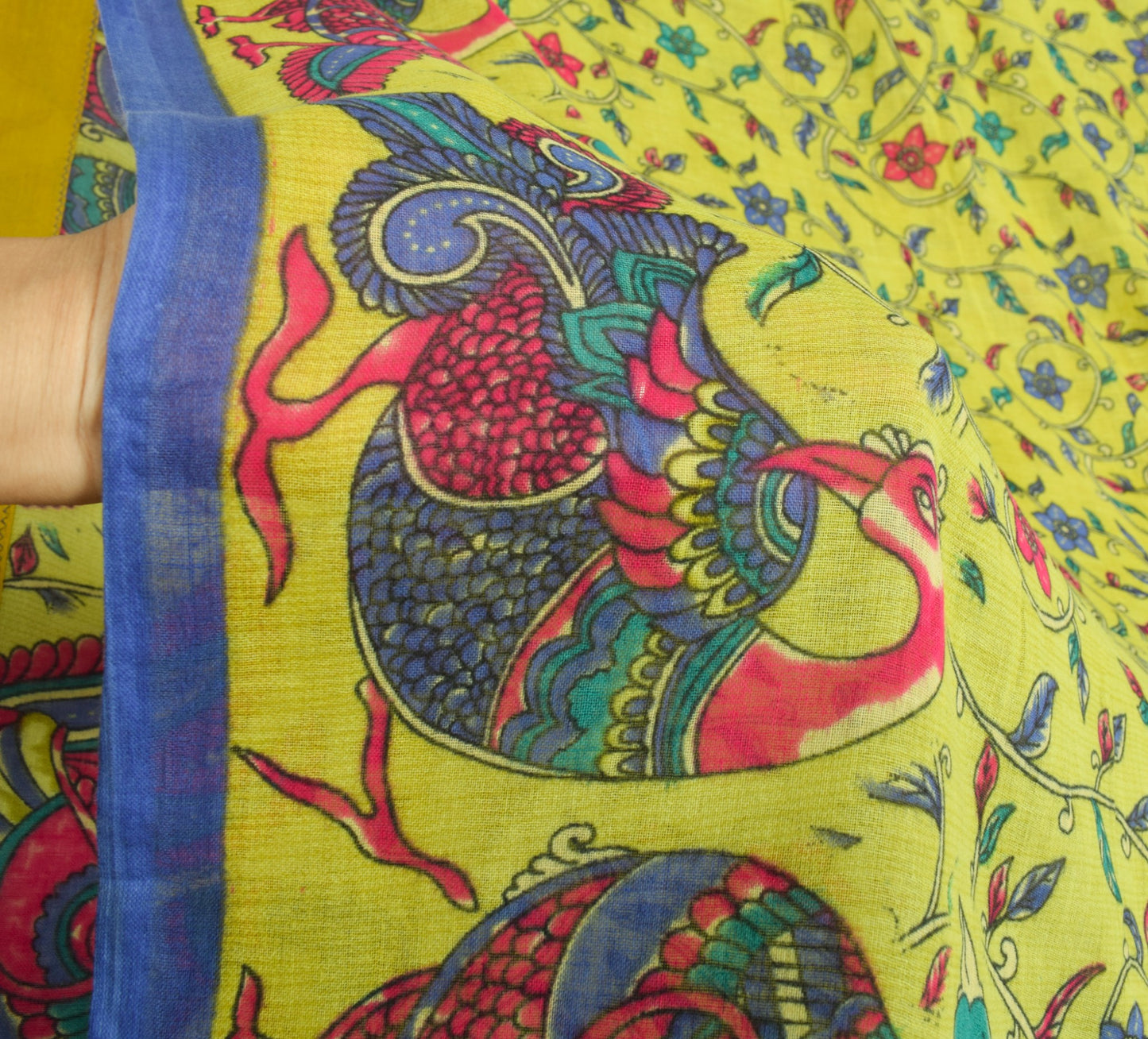 Sushila Vintage Green Kalamkari Saree Pure Cotton Hand Printed Soft Craft Fabric