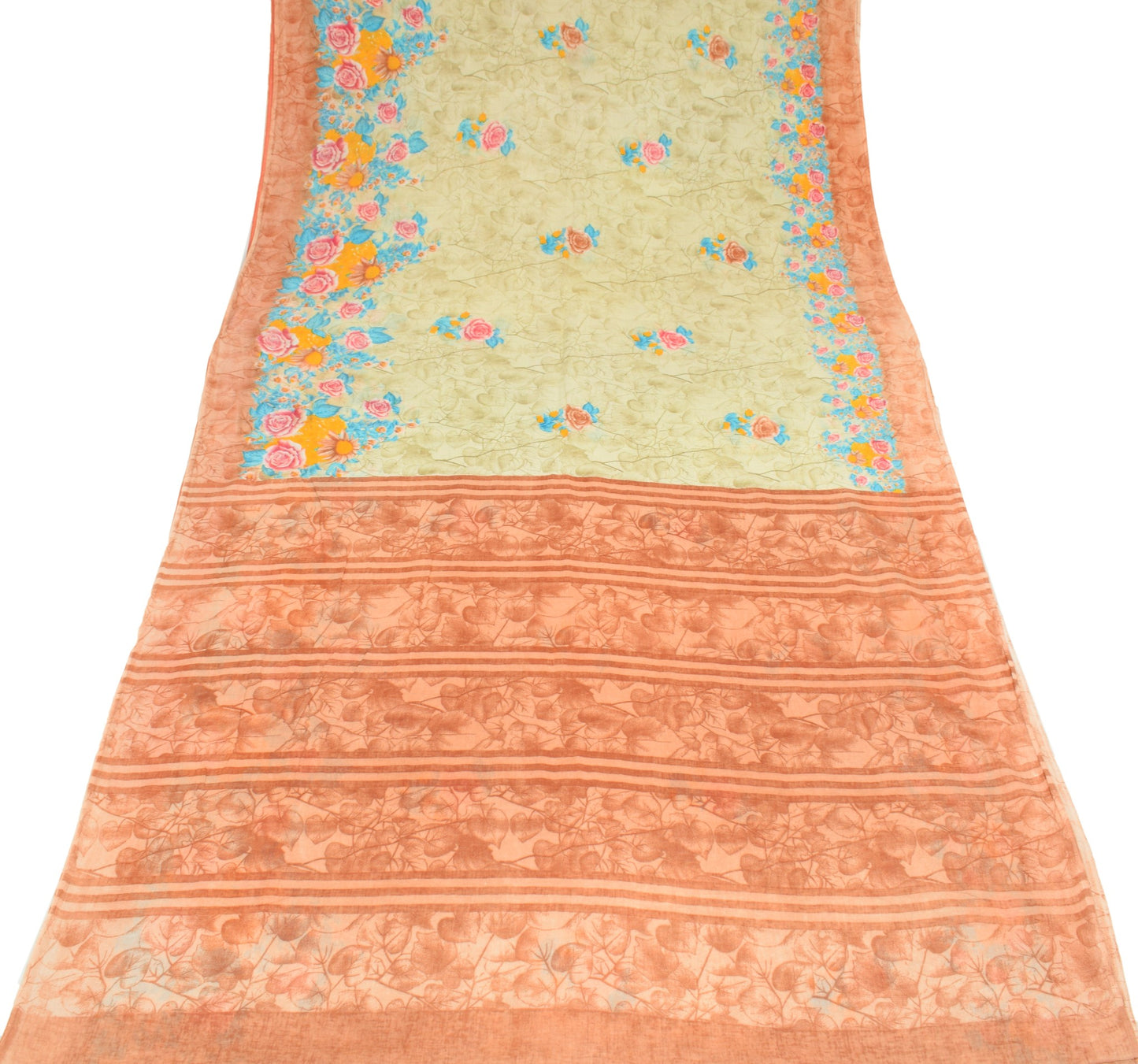 Sushila Vintage Floral Saree 100% Pure Cotton Printed Cream Indian Craft Fabric