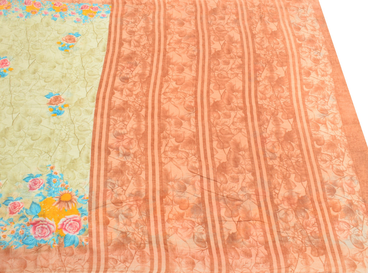 Sushila Vintage Floral Saree 100% Pure Cotton Printed Cream Indian Craft Fabric