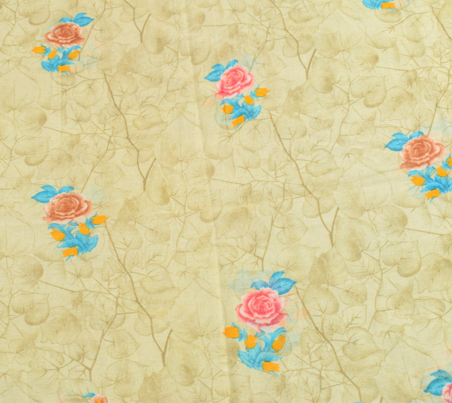 Sushila Vintage Floral Saree 100% Pure Cotton Printed Cream Indian Craft Fabric