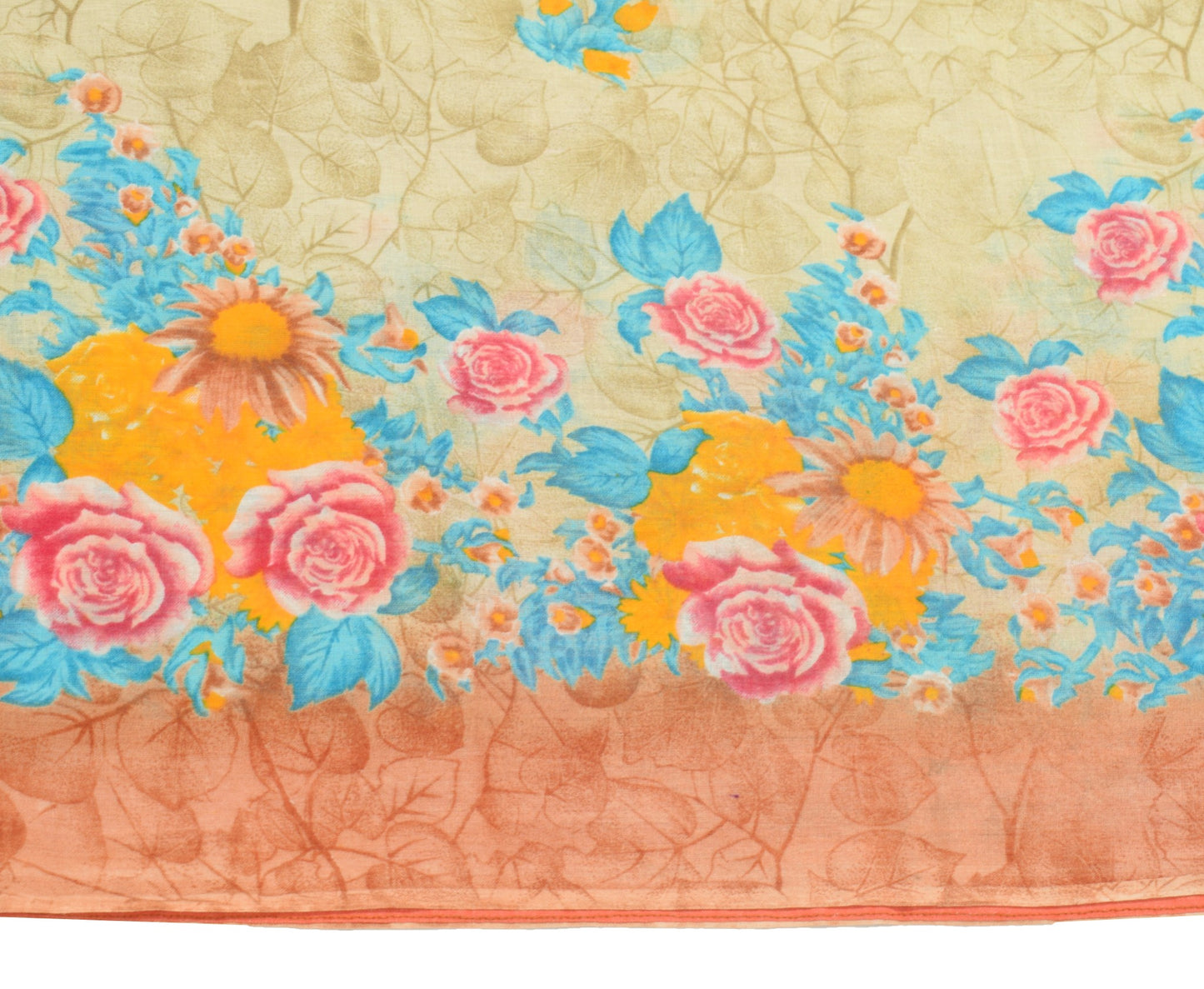 Sushila Vintage Floral Saree 100% Pure Cotton Printed Cream Indian Craft Fabric