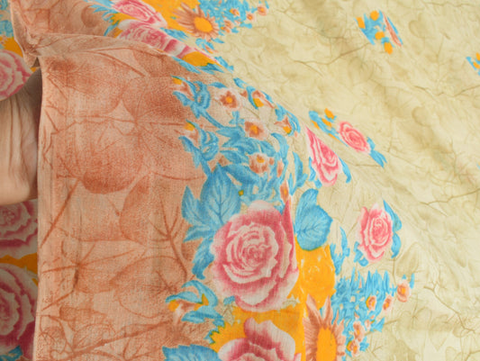 Sushila Vintage Floral Saree 100% Pure Cotton Printed Cream Indian Craft Fabric