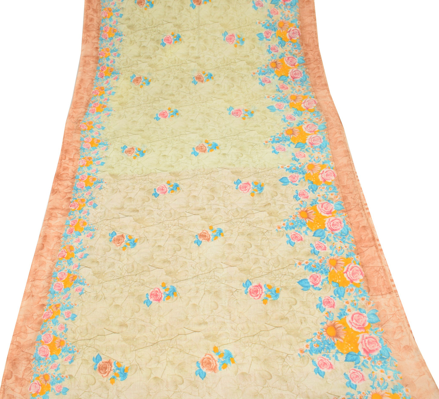 Sushila Vintage Floral Saree 100% Pure Cotton Printed Cream Indian Craft Fabric