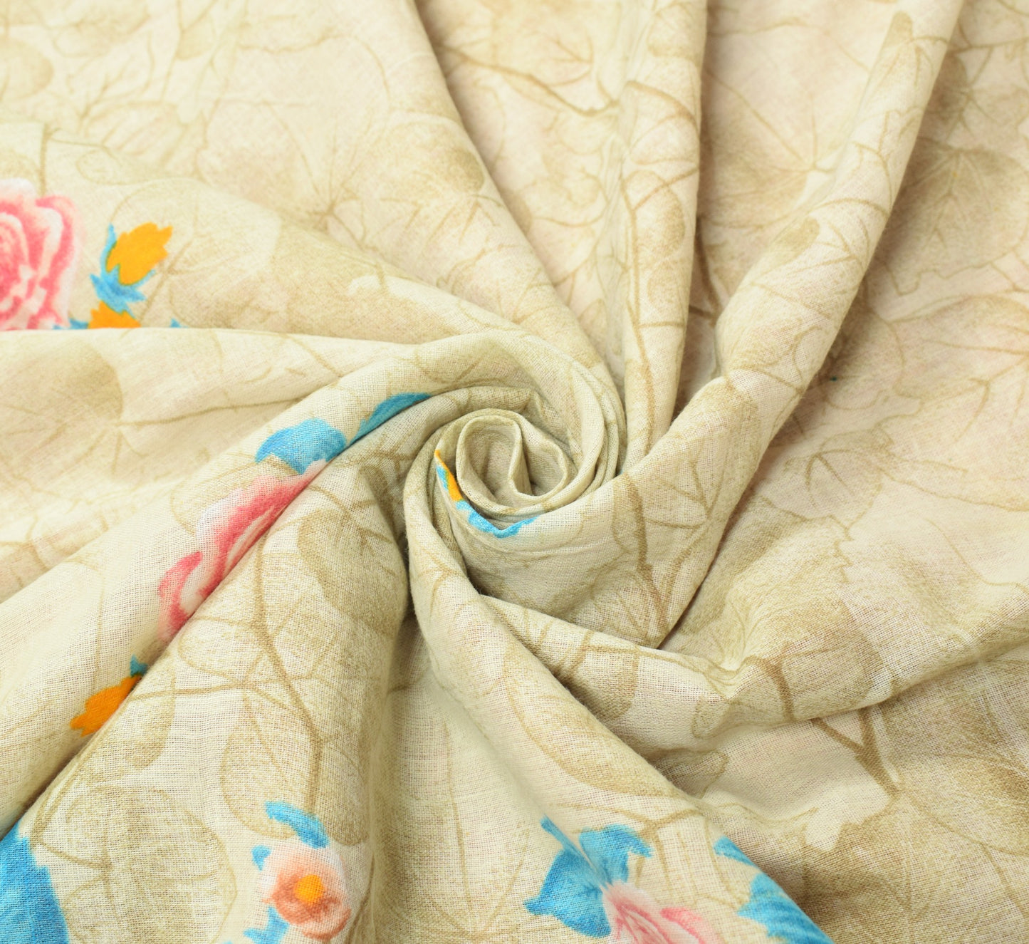 Sushila Vintage Floral Saree 100% Pure Cotton Printed Cream Indian Craft Fabric