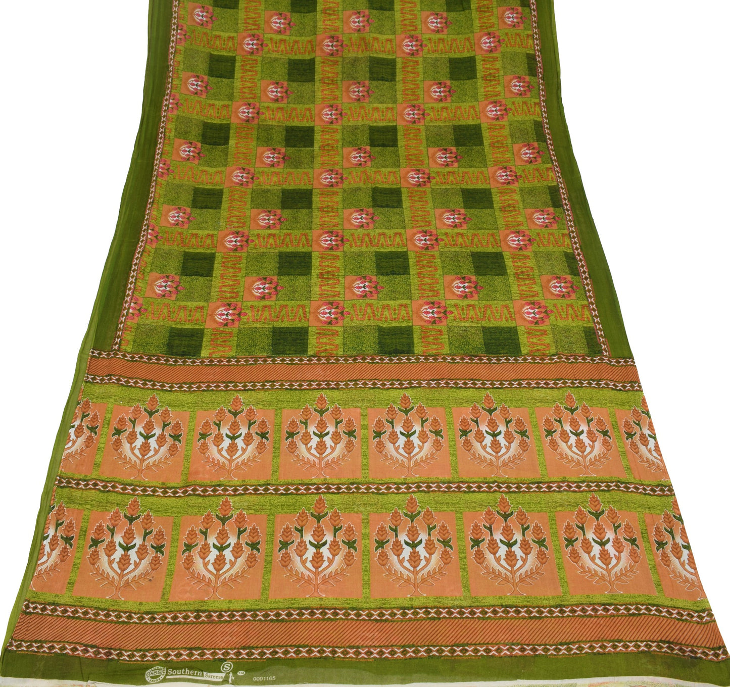 Sushila Vintage Green Checks Saree Pure Cotton Floral Printed Soft Craft Fabric