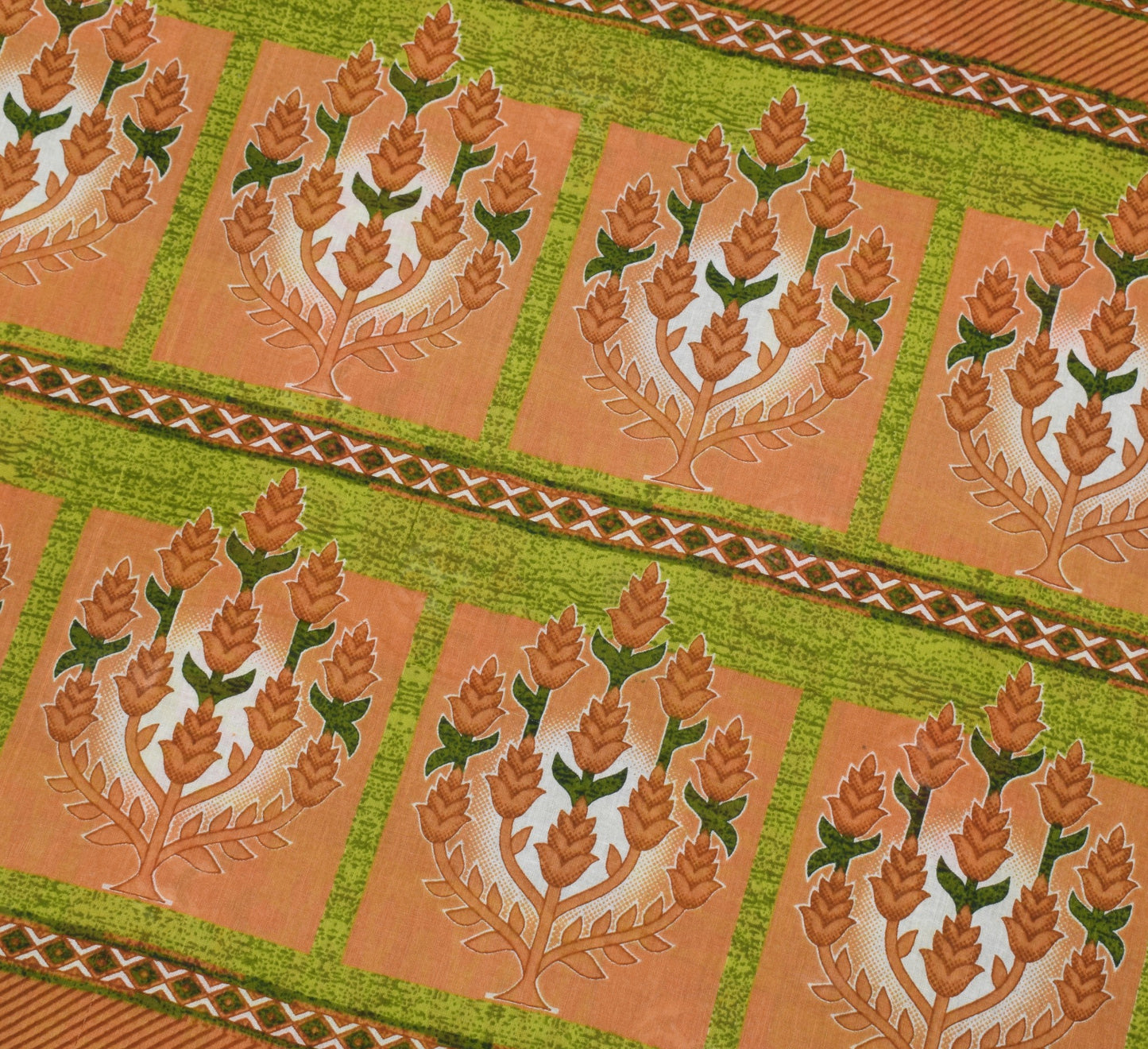 Sushila Vintage Green Checks Saree Pure Cotton Floral Printed Soft Craft Fabric