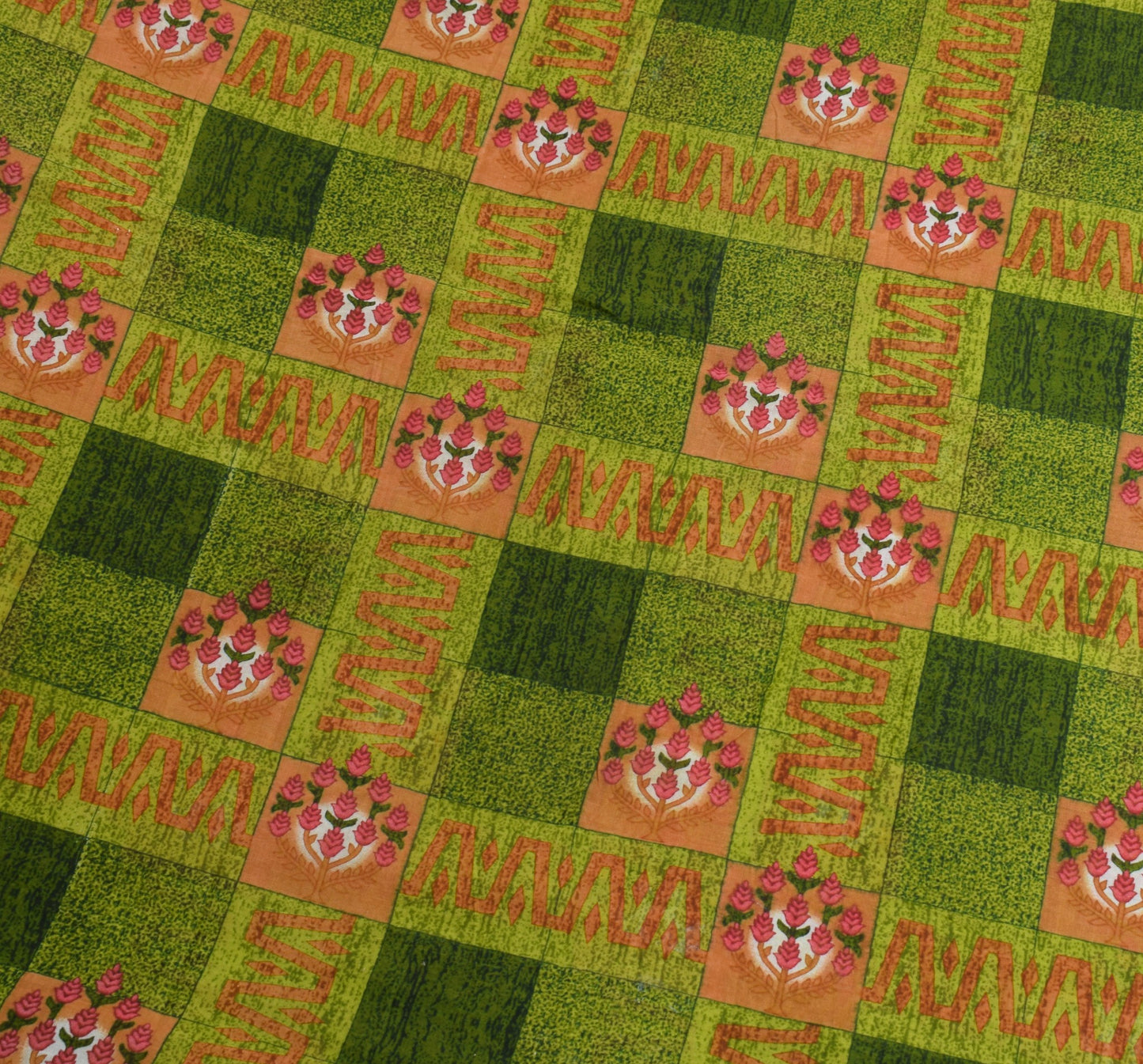 Sushila Vintage Green Checks Saree Pure Cotton Floral Printed Soft Craft Fabric