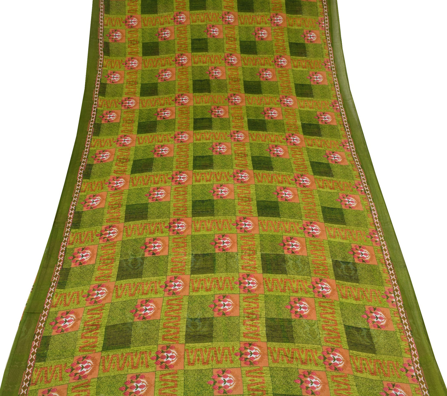 Sushila Vintage Green Checks Saree Pure Cotton Floral Printed Soft Craft Fabric