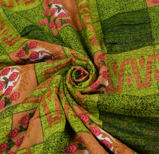 Sushila Vintage Green Checks Saree Pure Cotton Floral Printed Soft Craft Fabric