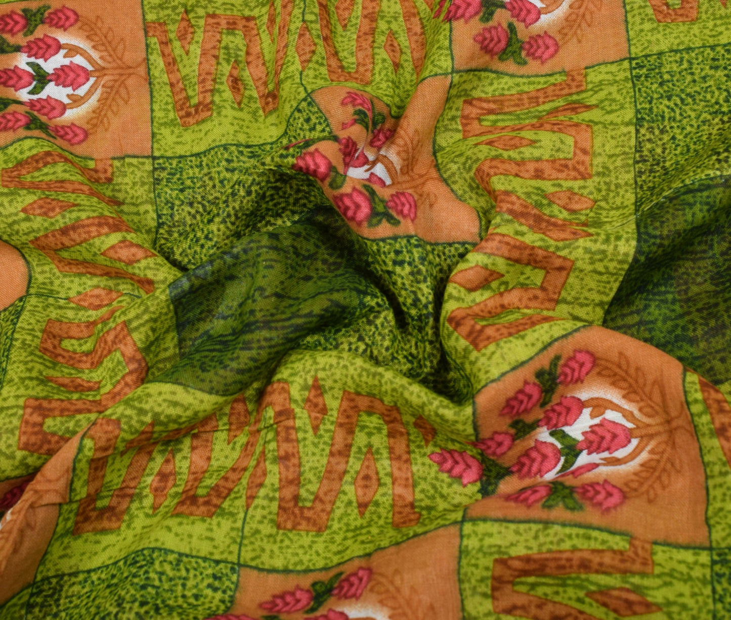 Sushila Vintage Green Checks Saree Pure Cotton Floral Printed Soft Craft Fabric