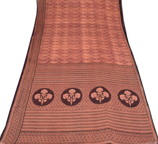 Sushila Vintage Dark Brown Saree Pure Cotton Printed Geometric Soft Craft Fabric
