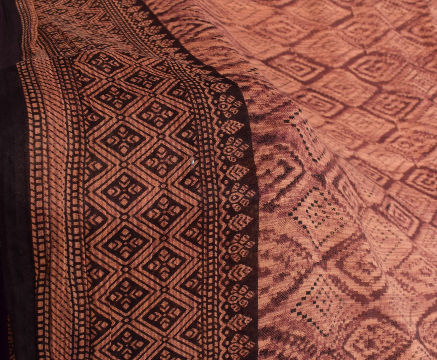 Sushila Vintage Dark Brown Saree Pure Cotton Printed Geometric Soft Craft Fabric