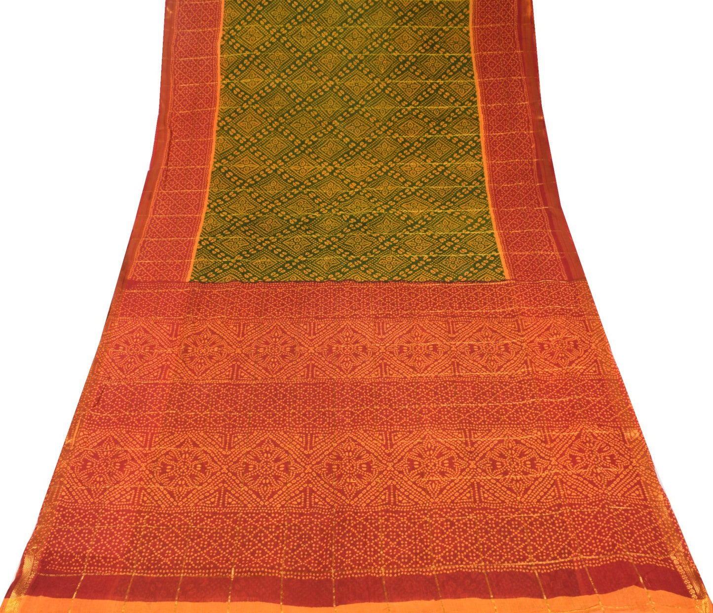 Sushila Vintage Bandhani Print Saree Pure Cotton Green Sari Soft 6 Yard Fabric