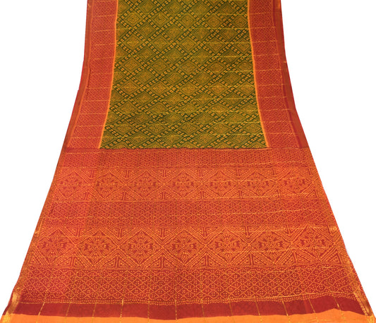 Sushila Vintage Bandhani Print Saree Pure Cotton Green Sari Soft 6 Yard Fabric