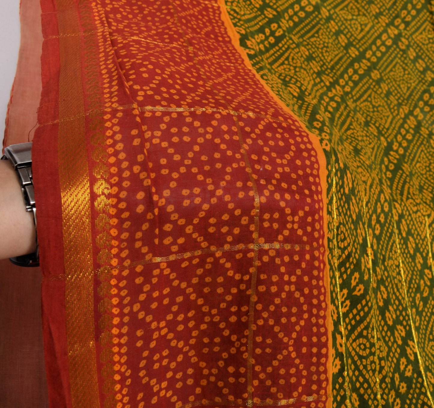 Sushila Vintage Bandhani Print Saree Pure Cotton Green Sari Soft 6 Yard Fabric