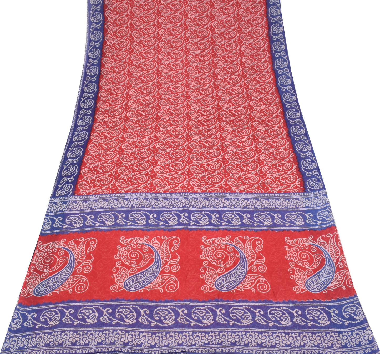 Sushila Vintage Red Blue Saree 100%Pure Cotton Printed Paisley Soft Craft Fabric