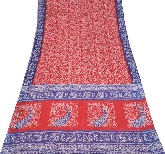 Sushila Vintage Red Blue Saree 100%Pure Cotton Printed Paisley Soft Craft Fabric