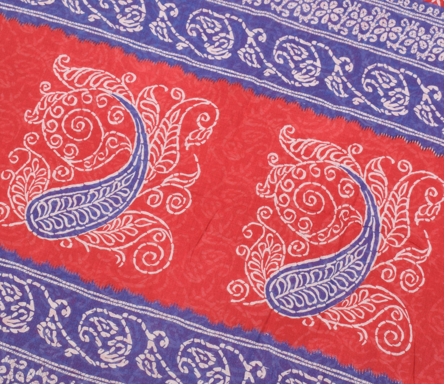 Sushila Vintage Red Blue Saree 100%Pure Cotton Printed Paisley Soft Craft Fabric