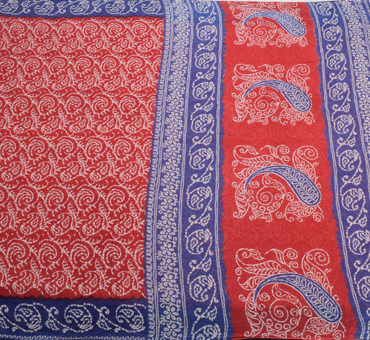 Sushila Vintage Red Blue Saree 100%Pure Cotton Printed Paisley Soft Craft Fabric