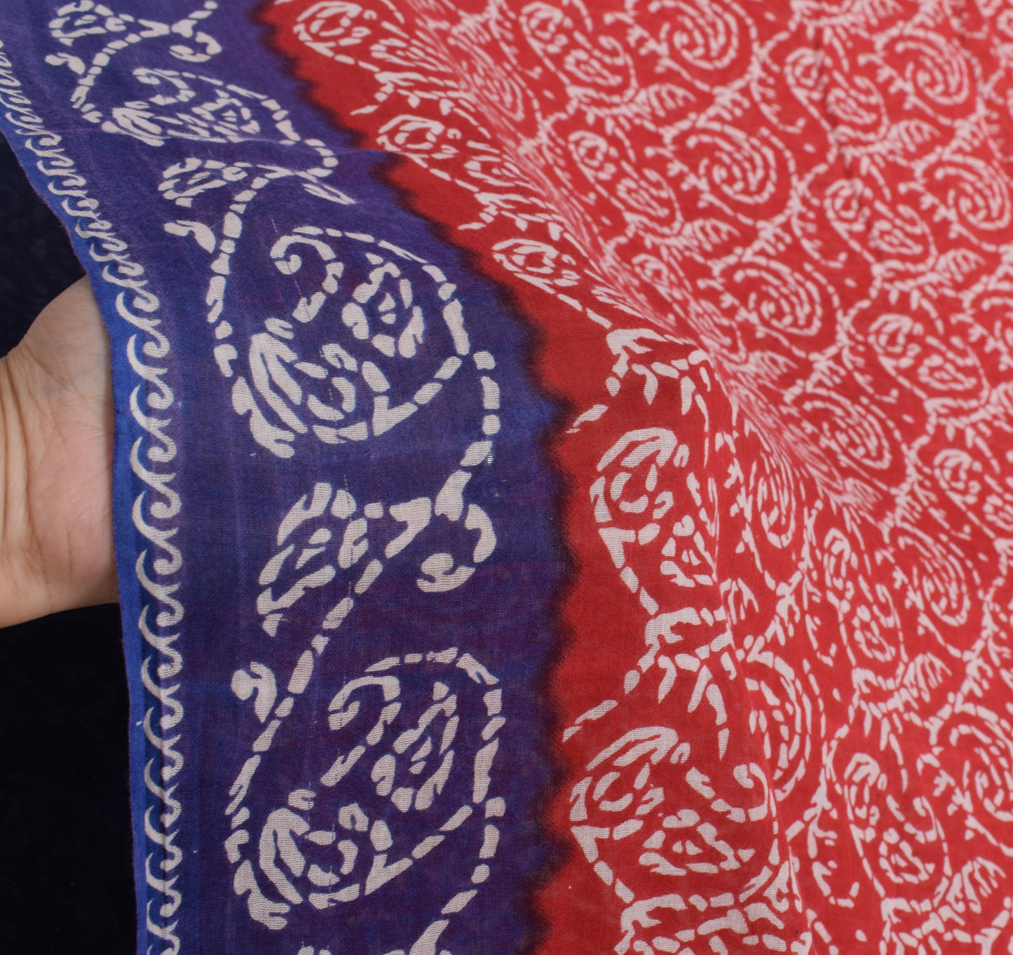 Sushila Vintage Red Blue Saree 100%Pure Cotton Printed Paisley Soft Craft Fabric