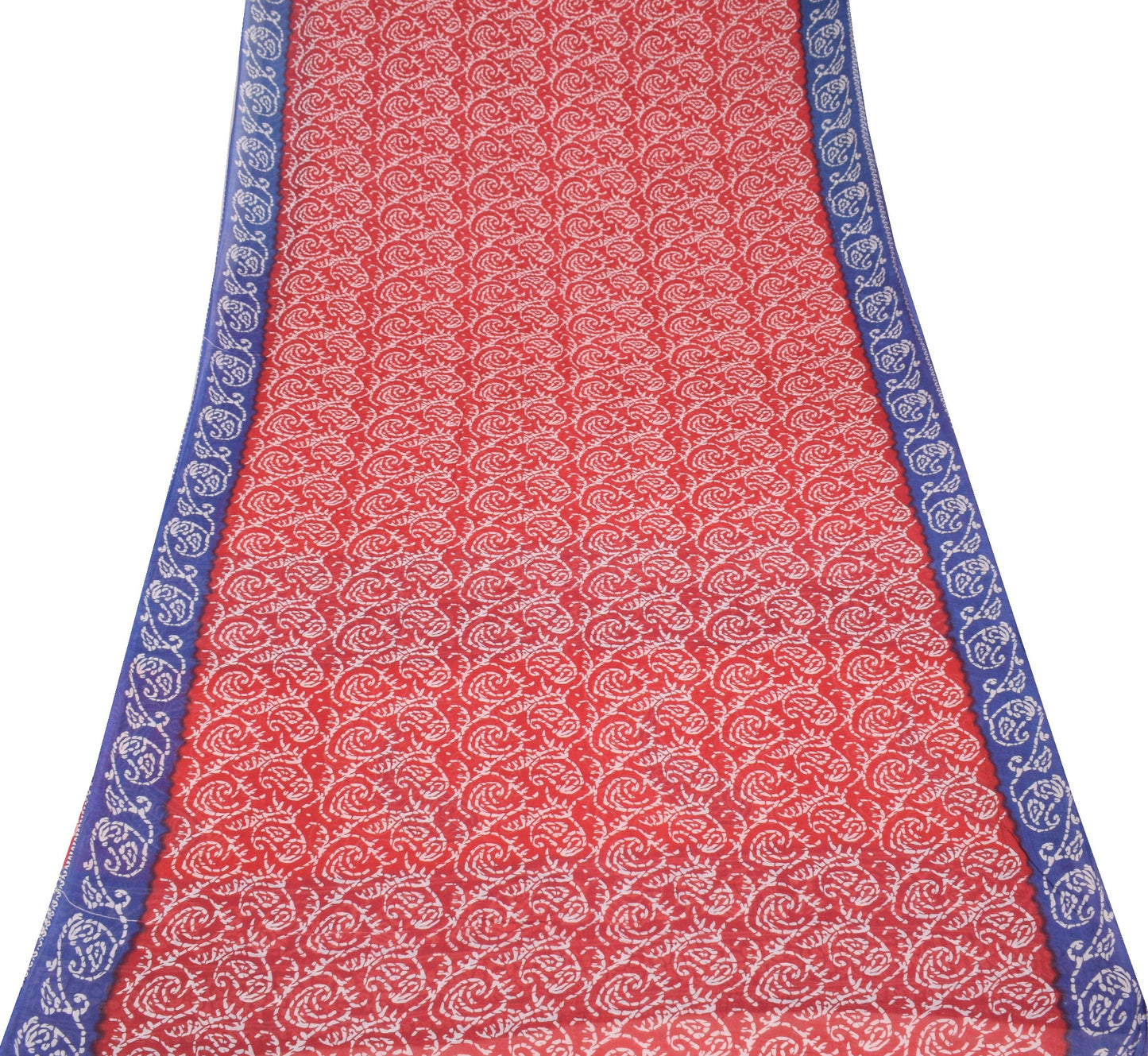 Sushila Vintage Red Blue Saree 100%Pure Cotton Printed Paisley Soft Craft Fabric