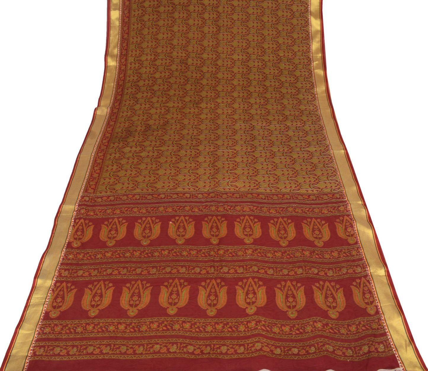 Sushila Vintage Maroon Floral Print Saree Zari Border Pure Cotton Soft Fabric