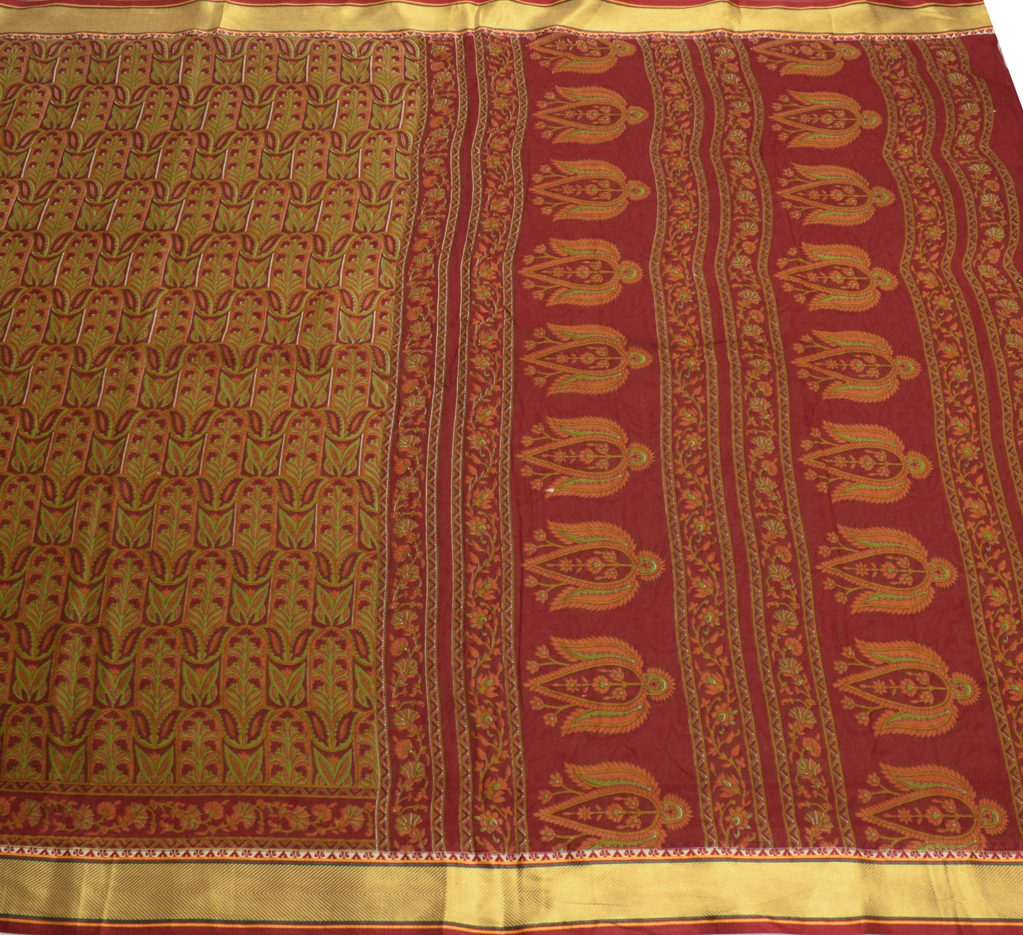 Sushila Vintage Maroon Floral Print Saree Zari Border Pure Cotton Soft Fabric