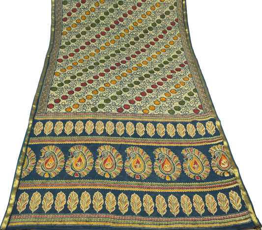 Sushila Vintage Cream Saree Pure Cotton Printed DailyWear Sari Soft Craft Fabric