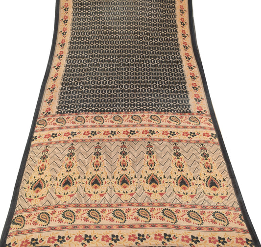 Sushila Vintage Black Saree 100% Pure Cotton Printed Indian Soft Craft Fabric