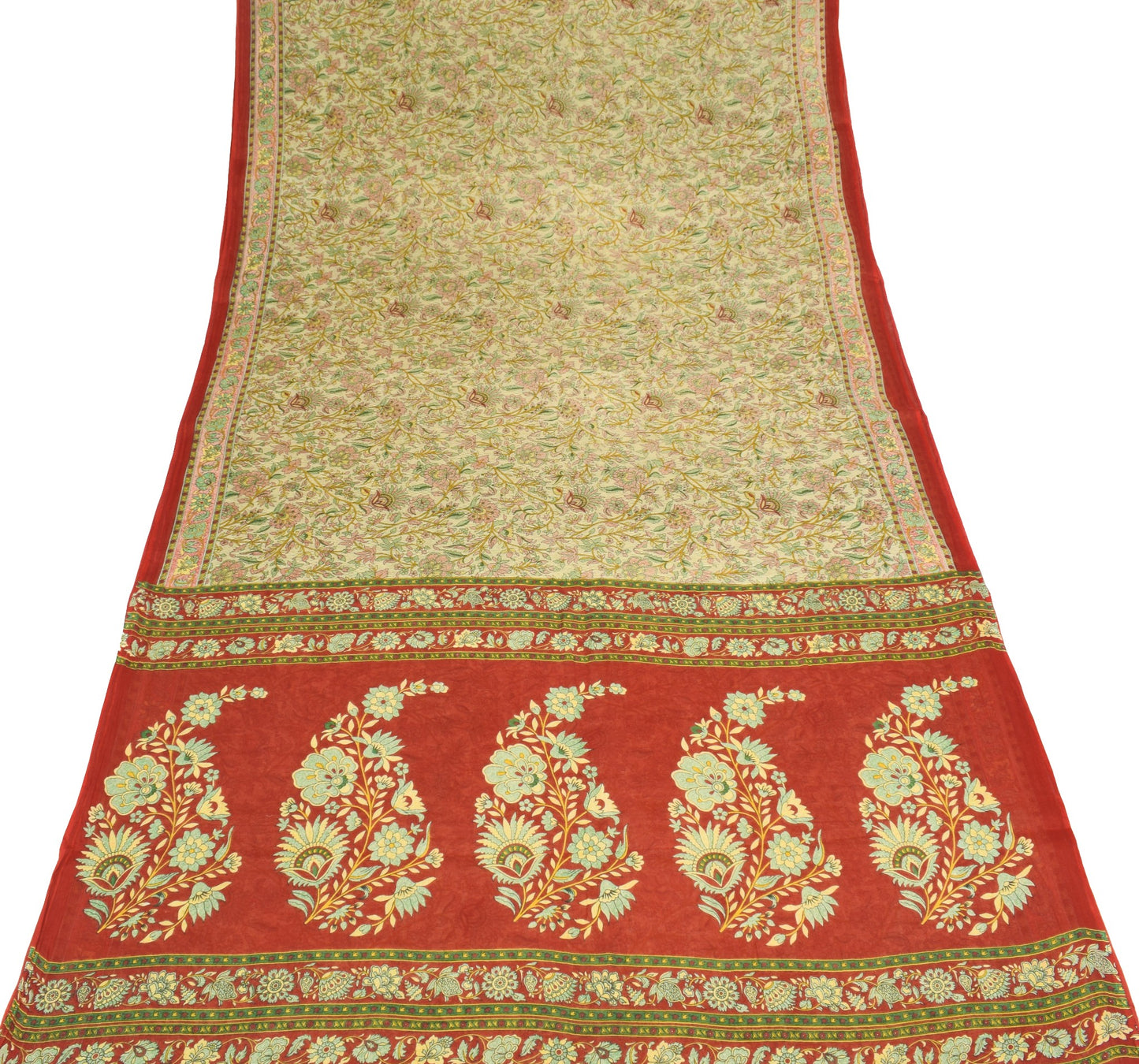 Sushila Vintage Cream Saree Floral 100% Pure Cotton Printed Soft Craft Fabric