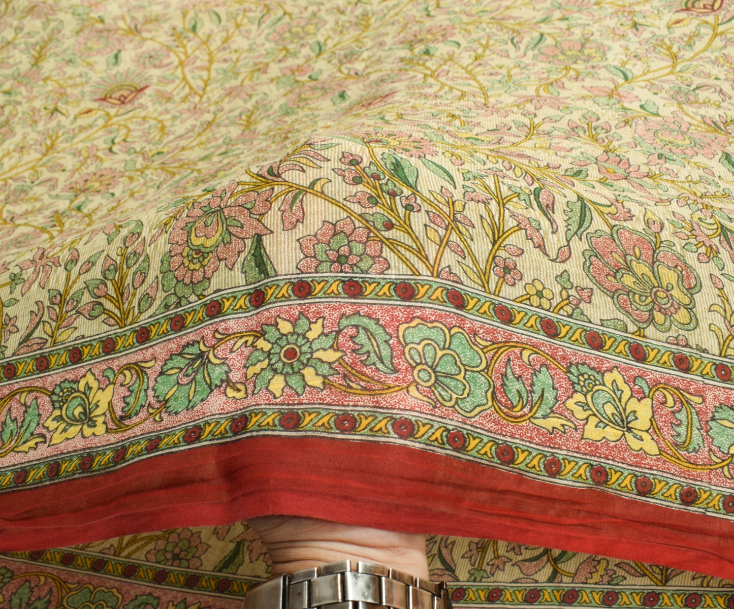 Sushila Vintage Cream Saree Floral 100% Pure Cotton Printed Soft Craft Fabric