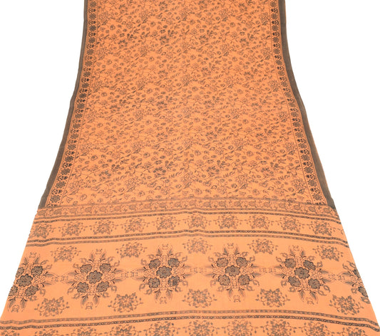 Sushila Vintage 100% Pure Cotton Saree Printed Floral Peach Indian Craft Fabric