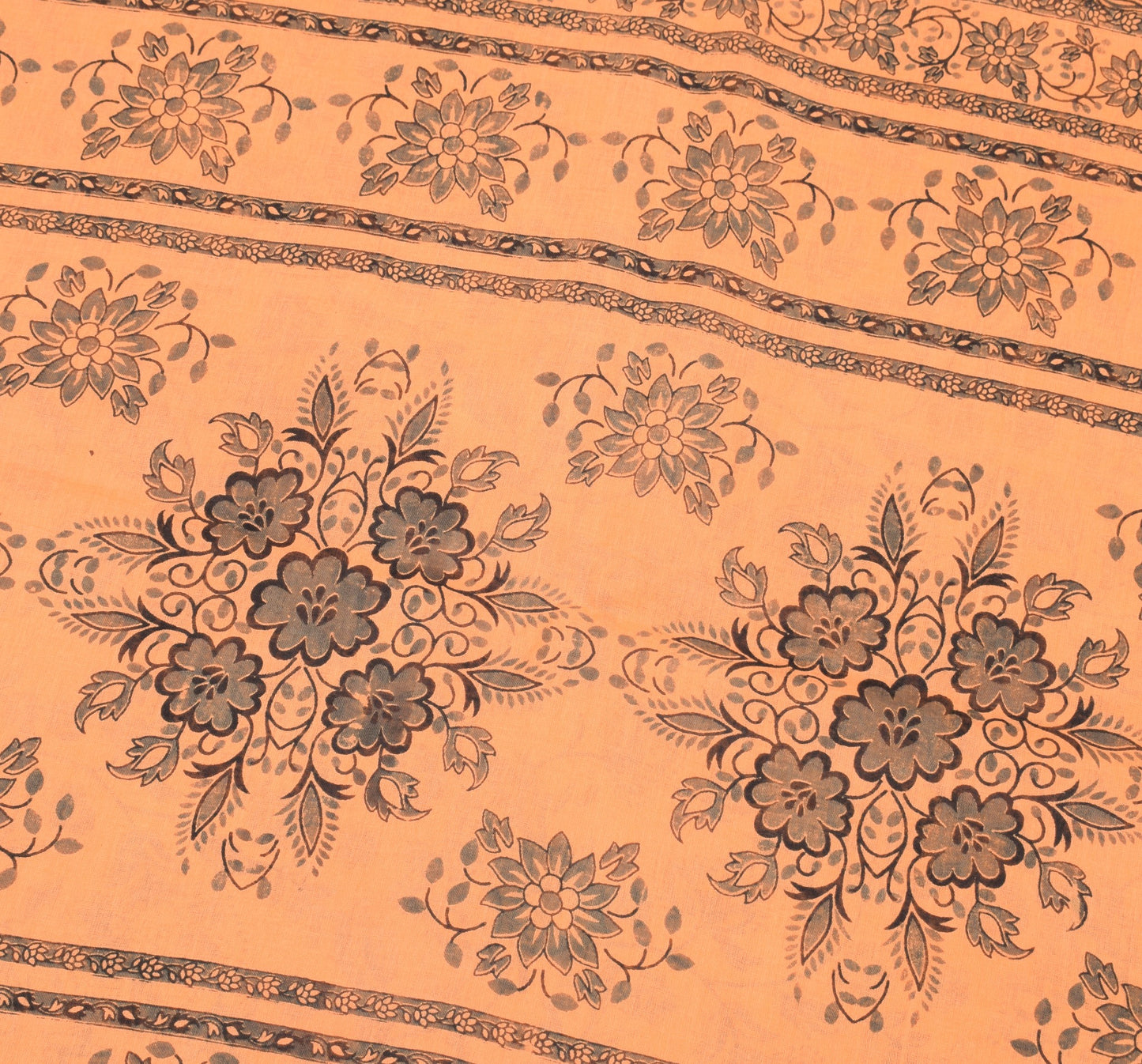 Sushila Vintage 100% Pure Cotton Saree Printed Floral Peach Indian Craft Fabric