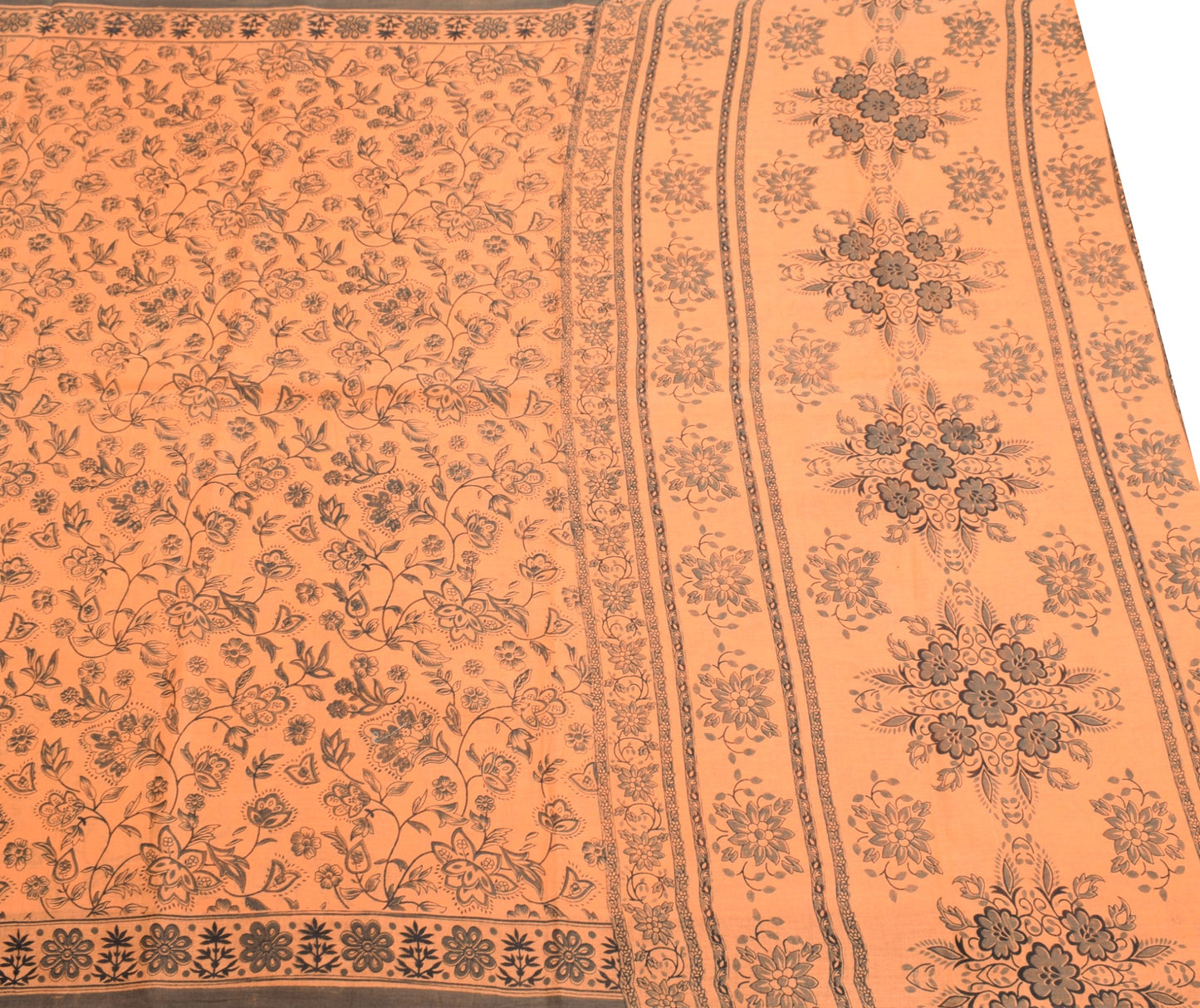 Sushila Vintage 100% Pure Cotton Saree Printed Floral Peach Indian Craft Fabric