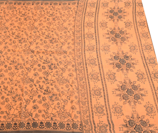 Sushila Vintage 100% Pure Cotton Saree Printed Floral Peach Indian Craft Fabric