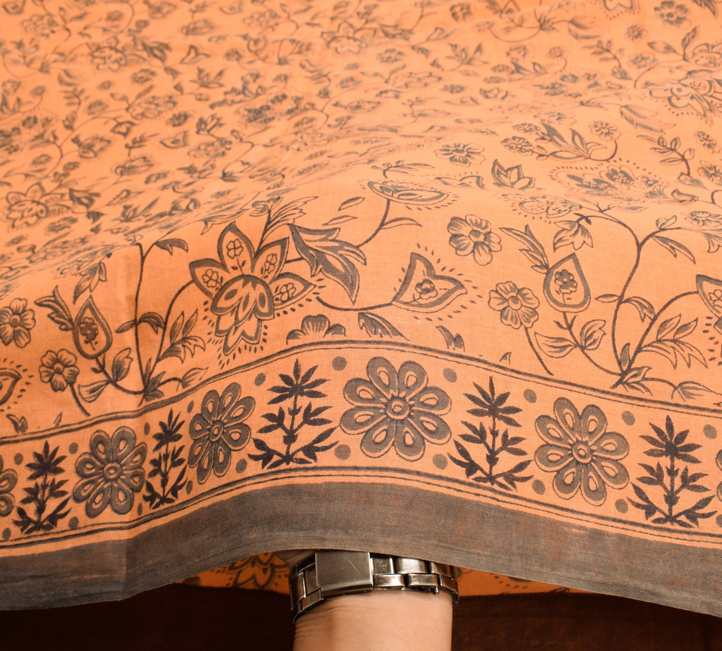 Sushila Vintage 100% Pure Cotton Saree Printed Floral Peach Indian Craft Fabric