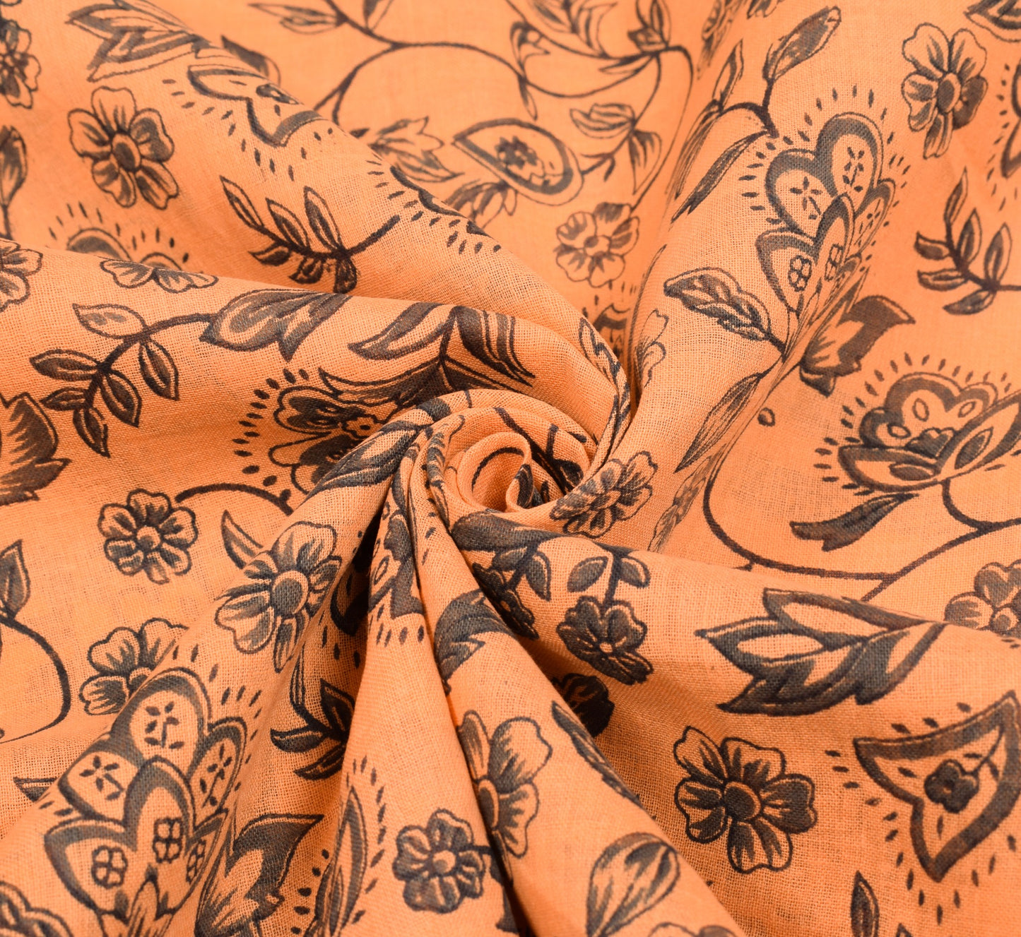 Sushila Vintage 100% Pure Cotton Saree Printed Floral Peach Indian Craft Fabric