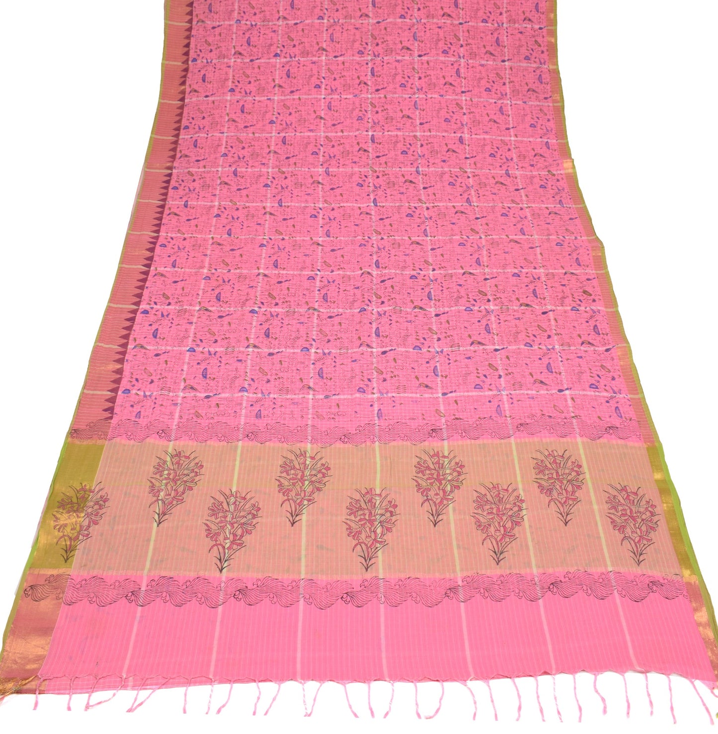 Sushila Vintage Pink Birds Saree Pure Cotton Hand Printed & Woven Soft Fabric
