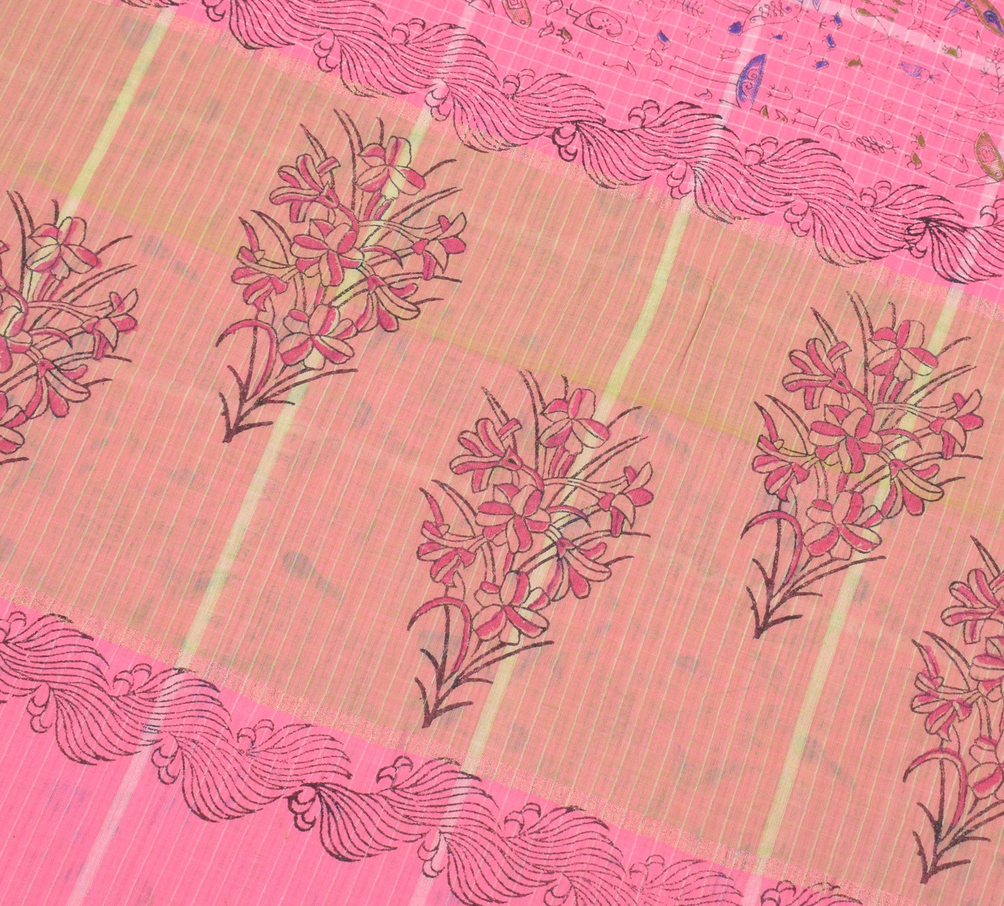 Sushila Vintage Pink Birds Saree Pure Cotton Hand Printed & Woven Soft Fabric