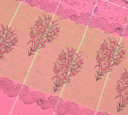 Sushila Vintage Pink Birds Saree Pure Cotton Hand Printed & Woven Soft Fabric