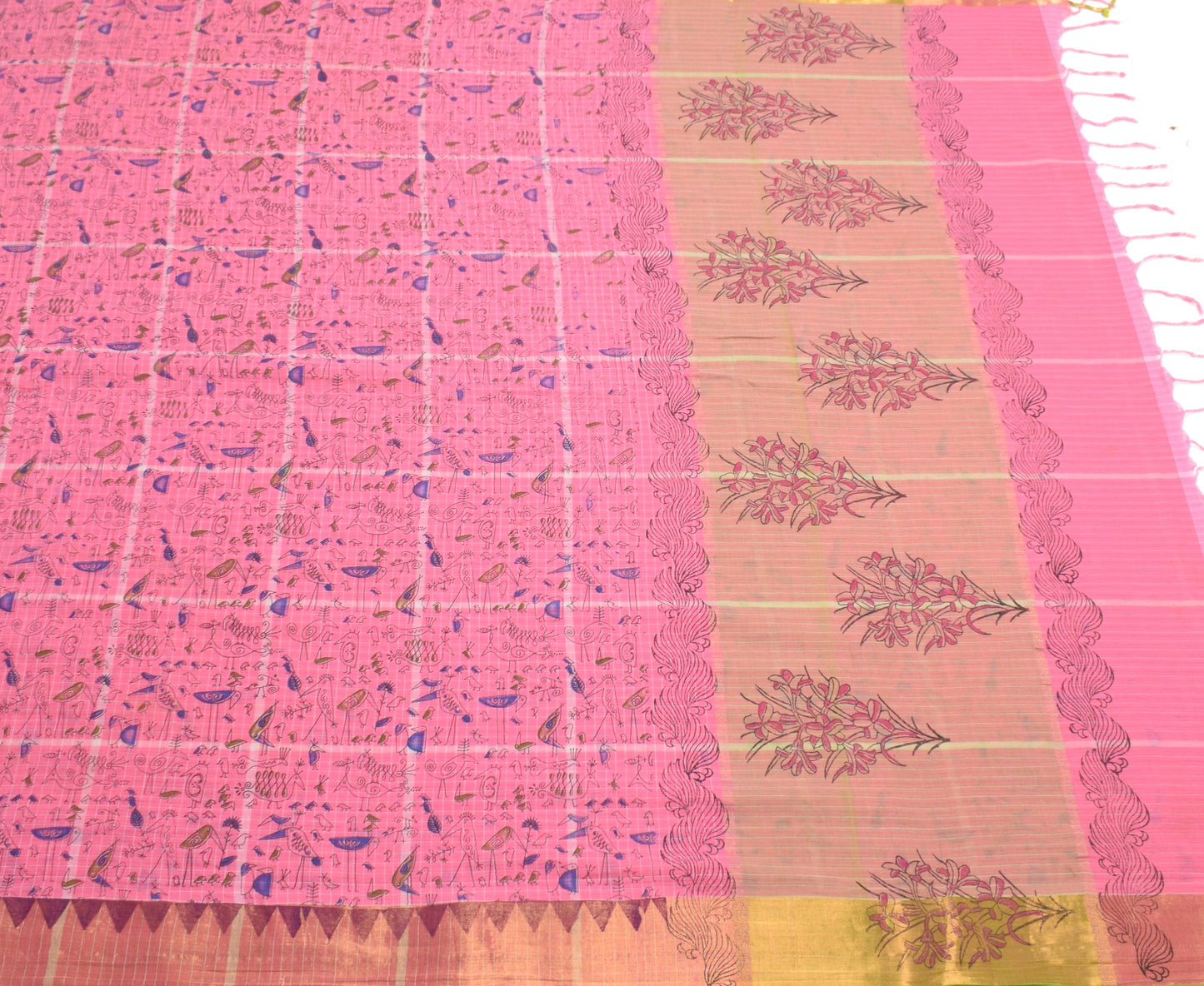 Sushila Vintage Pink Birds Saree Pure Cotton Hand Printed & Woven Soft Fabric